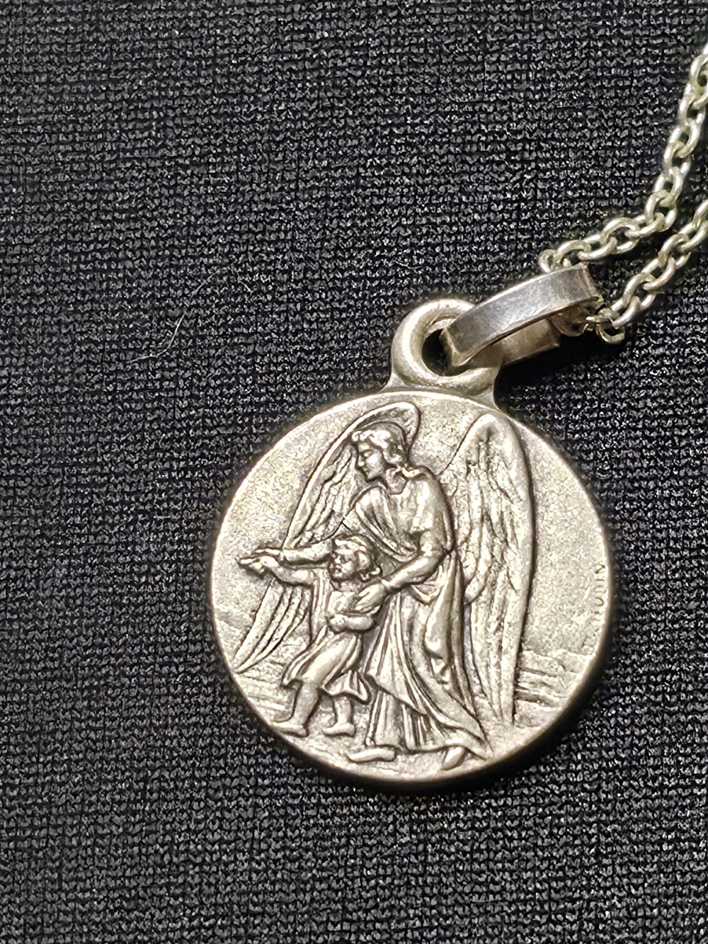 Vintage Guardian Angel Medal Pendant Necklace Silver Tone 8" Chain Saint Michael